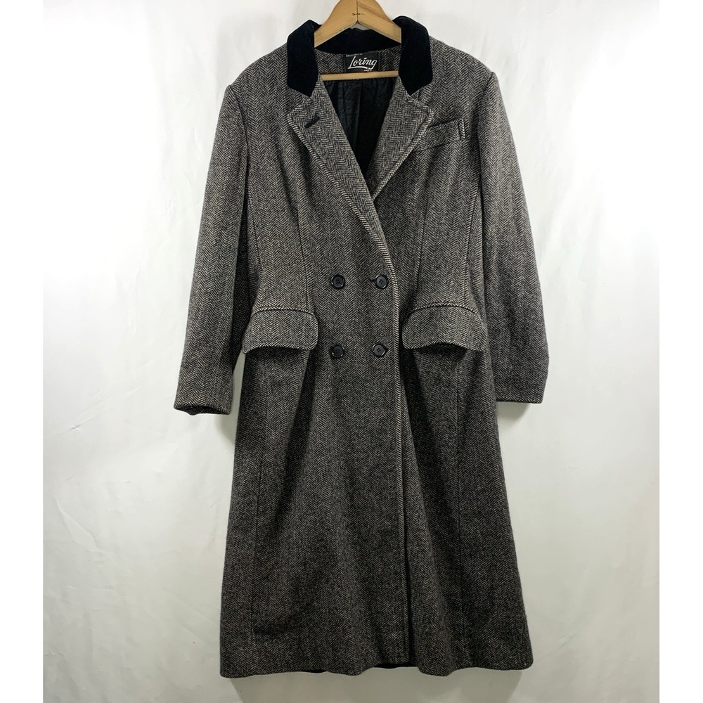 VTG Loring Worumbo Wool Herringbone Tweed Button Coat XS Old Money Velvet Collar